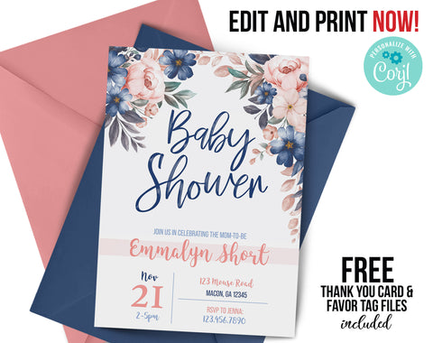 Pink and Blue Floral Baby Shower Invitation