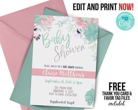 Succulent Floral Baby Shower Invitation