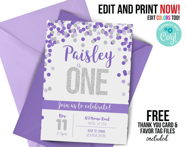 ANY Color/Age, purple birthday invitation