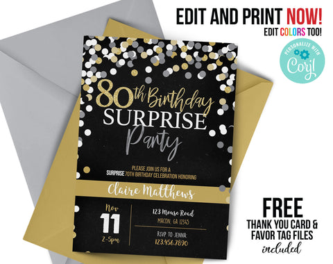 80th birthday SURPRISE party invitation, ANY age