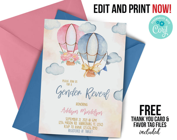 Hot Air Balloon Gender Reveal Invitation