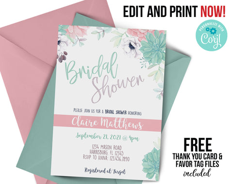 Succulent Floral Bridal Shower Invitation