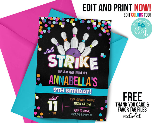 Bowling birthday invitation, ANY age