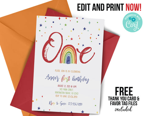 ONE rainbow birthday invitation, ANY age