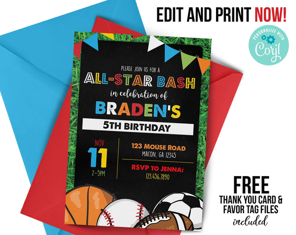 Sports birthday invitation, ANY age